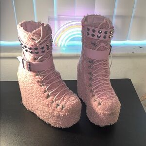 Sugar Thrillz Pink Heart-Studded Fuzzy Platforms
